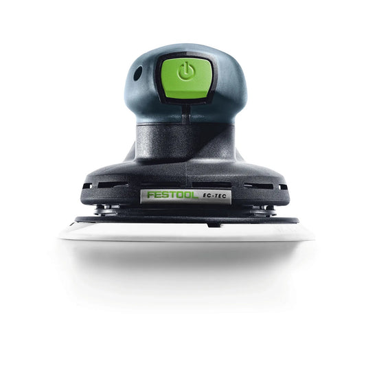 Festool ETS EC 150/5 EQ-Plus Exzenterschleifer mit grünem Ein-/Ausschalter und schwarzem Schleifteller, Frontansicht.