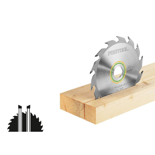 Festool Kreissägeblatt WOOD RIP CUT HW auf Holz positioniert, Längschnitt-Anwendung sichtbar, gelbe Codierung.