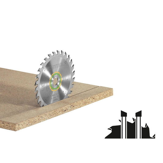 Festool Kreissägeblatt WOOD UNIVERSAL HW mit Hartmetallzähnen auf Holzwerkstoff, gelbe Farbcodierung sichtbar.