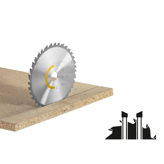 Festool Kreissägeblatt WOOD UNIVERSAL HW mit Hartmetallzähnen bei Schnitt durch Holzwerkstoff