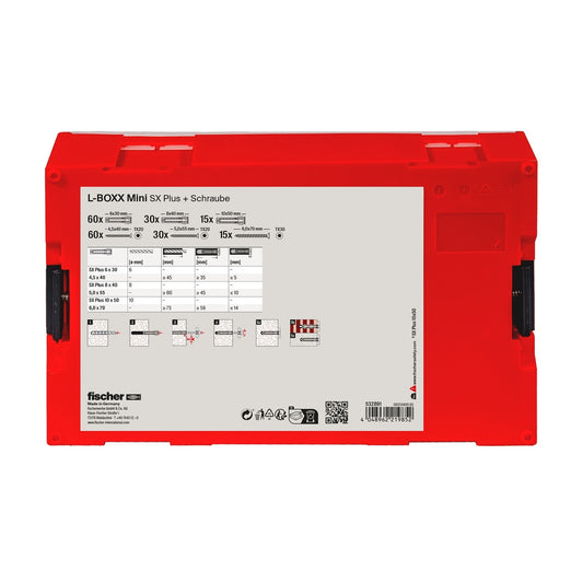 fischer L-BOXX mini SX Plus Befestigungsbox mit 210-teiligem Inhalt, Rückseite mit Produktinformationen
