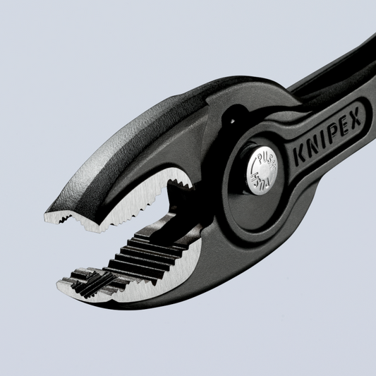 KNIPEX TwinGrip Frontgreifzange 82 01 200 mit Frontgreif- und Seitengreif-Funktion, geöffnetes Greifmaul mit Zähnen