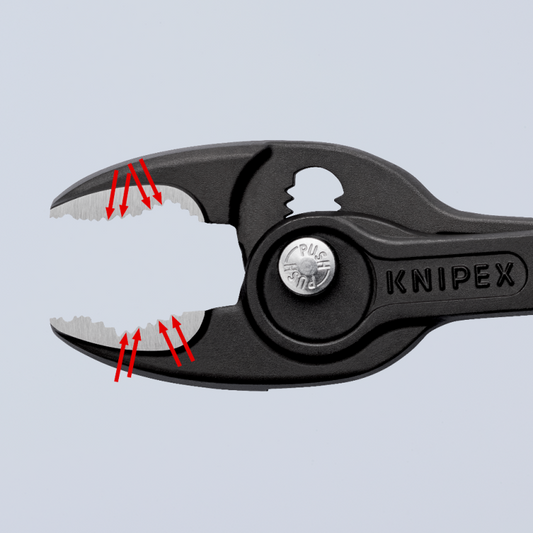 KNIPEX TwinGrip Frontgreifzange 82 01 200 mit offenem Greifmaul und gezähnten Backenbefestigungen in Frontansicht.