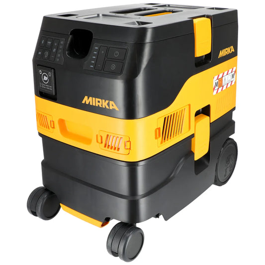 Mirka Staubsauger DEXOS 1217 M AFC mit großem Behältervolumen, automatischer Filterabreinigung und robustem Fahrgestell für den professionellen Einsatz in Werkstatt und Industrie.