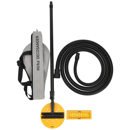 Mirka DecoSander Schleifset 80x230 mm / 225 mm mit Absaugschlauch, Rucksack und Handschleifblock – staubfreies Schleifen an Wänden und Decken.