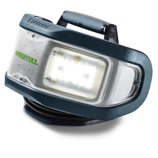 Festool SYSLITE DUO Baustrahler LED mit Griff, grau-schwarzes Design, Frontansicht.