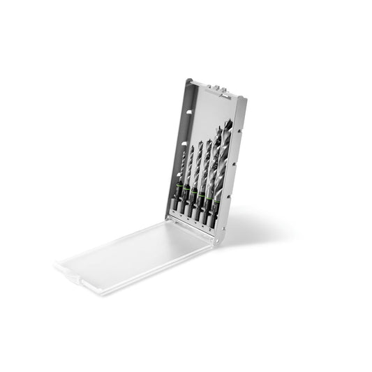 Festool Bohrerkassette BKS SYS3 D3-10 CE/W mit 6 Holzspiralbohrern, geöffnet mit Magnethaftung.