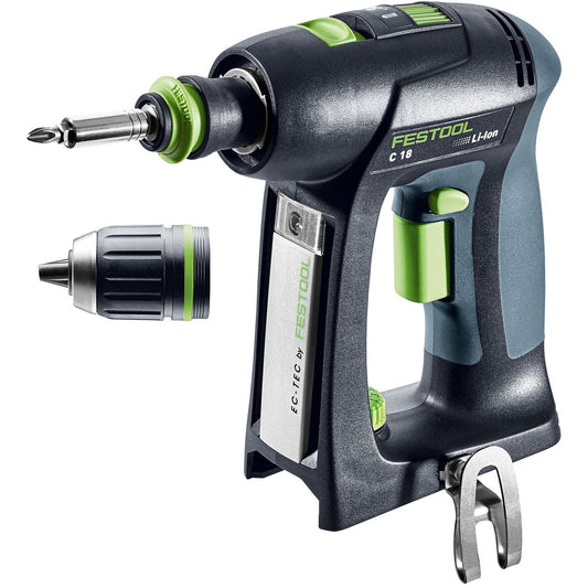 Festool C 18 Akku-Bohrschrauber mit CENTROTEC Schnellwechselsystem und austauschbarem Bohrfutter.