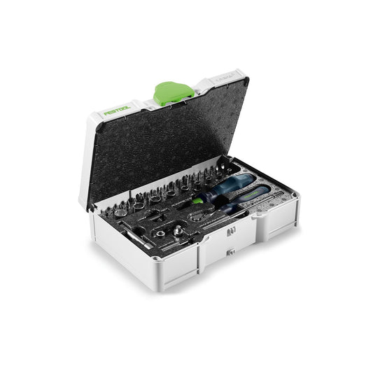 Festool Ratschen-Set SYS3 S 76 1/4"-CE RA im geöffneten Mini-Systainer mit Steckschlüsseln und Bit-Einsätzen.