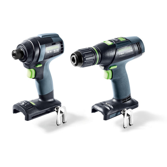 Festool TID 18 Basic-Set mit Akku-Schlagschrauber und Bohrschrauber T18+3, nebeneinander angeordnet mit grünen Griffen.