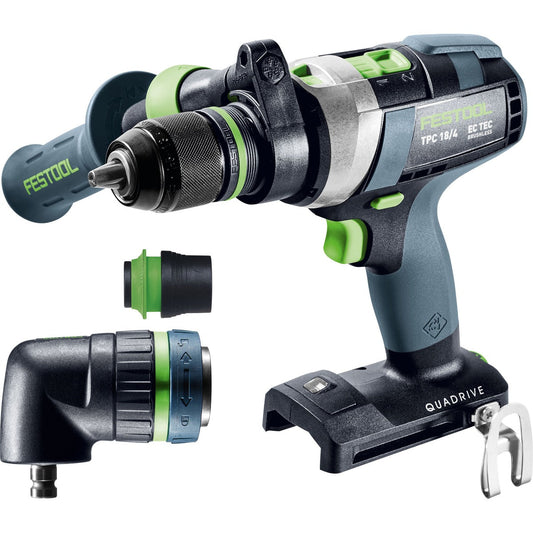 Festool QUADRIVE TPC 18/4 Akku-Schlagbohrschrauber mit FastFix-Schnittstelle und austauschbaren Vorsätzen im Set.