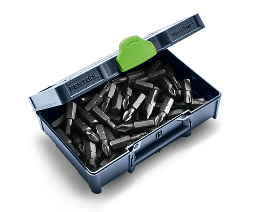 Festool Systainer³ SYS3 XXS 33 BL geöffnet mit Schrauberbits, grünem Verschluss und Schiebeverriegelung.