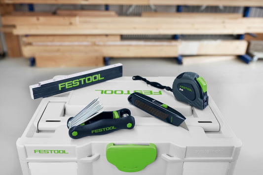 Festool Maßband MB 5m mit Zubehör in Systainer, Maßstab und Messwerkzeuge sichtbar