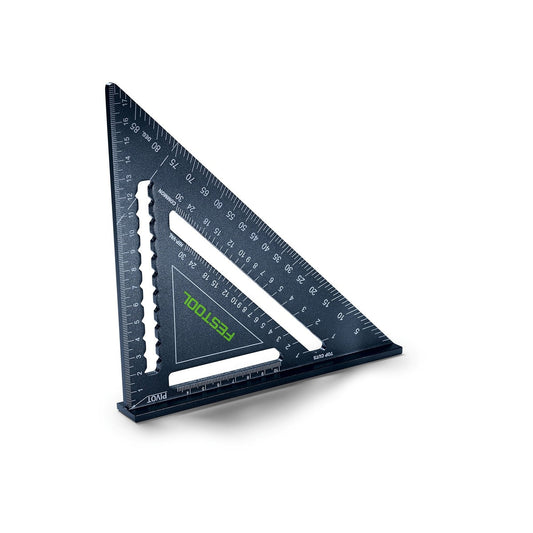 Festool Zimmermannswinkel ZMW-FT1 Speed Square mit beidseitigen Messskalen und grünem BOSCH-Logo auf dunkelblauer