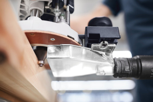 Festool Absaughaube mit transparentem Kunststoffgehäuse und Saugschlauch-Anschluss für Oberfräse