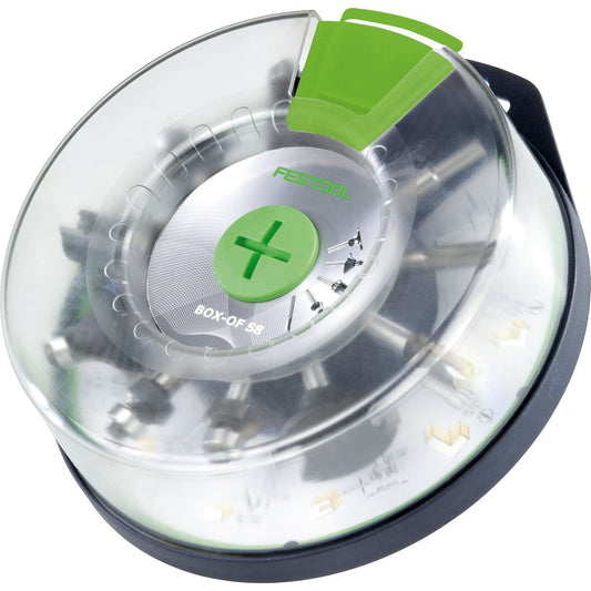Festool Fräserbox Box-OF HW S8 Mix mit 10 hartmetallbestückten Fräsern in transparentem Behälter mit grünem Deckel.
