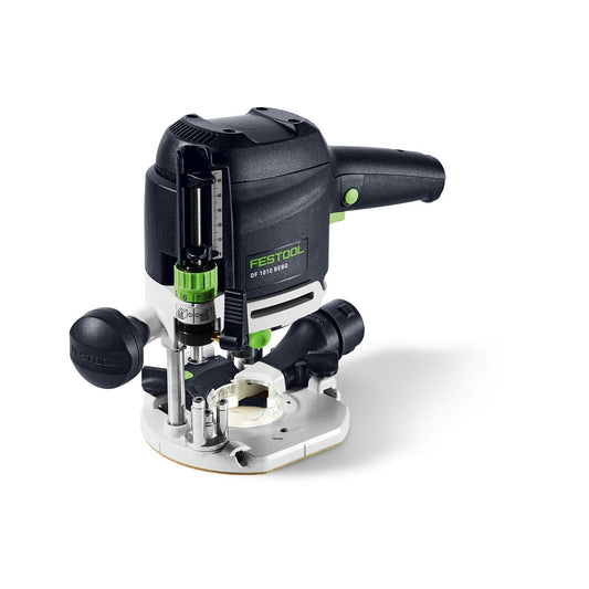Festool Oberfräse OF 1010 REBQ mit Grundplatte, LED-Lichtring und Kugelgriff, Ansicht von vorne