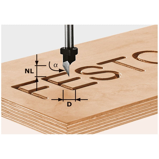 Festool Schriftenfräser HS S8 D11 beim Fräsen von Schriftzügen in Holz mit Kennzeichnung von Fräserwinkel und Durchmesser.
