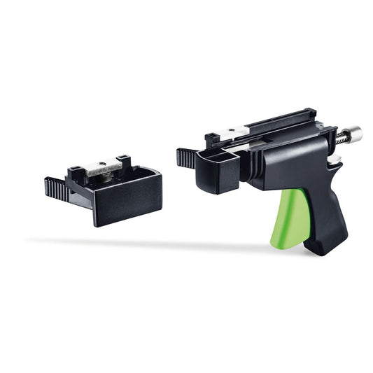 Festool Schnellspanner FS-RAPID/L mit grünem Griff, separater Adapter und Drehgelenk für Führungsschienen.