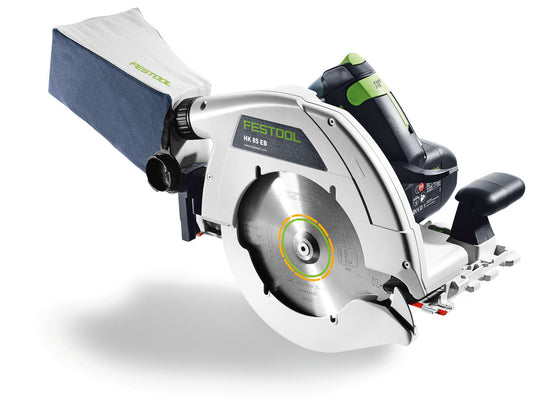 Festool Handkreissäge HK 85 EB-Plus mit Sägeblatt, Führungsschiene und Zubehör in Frontansicht.