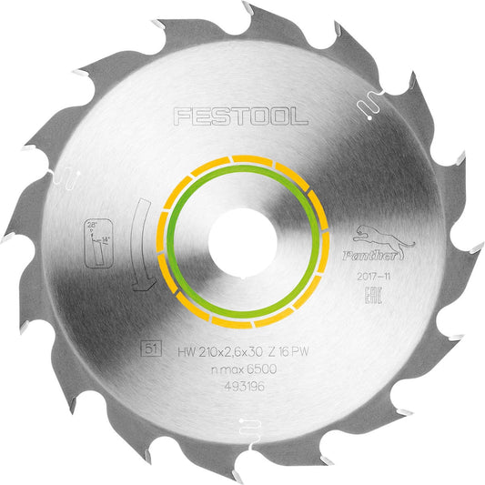 Festool Kreissägeblatt WOOD RIP CUT HW 210x30mm mit Hartmetallzähnen, Frontansicht mit Farbcodierung