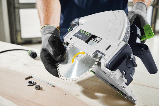 Festool Kreissäge mit Sägeblatt schneidet Holz, Laminat und Kunststoff präzise mit verschiedenen Sägeblättern im Set.