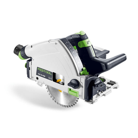 Festool TSC 55 KEB-Basic Akku-Tauchsäge mit Sägeblatt, KickbackStop und grünem Griff, Seitenansicht.