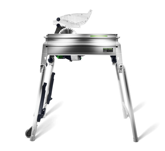 Festool PRECISIO CS 50 EBG Tischzugsäge mit Sägeblatt und Spaltkeil auf Untergestell, Frontalansicht
