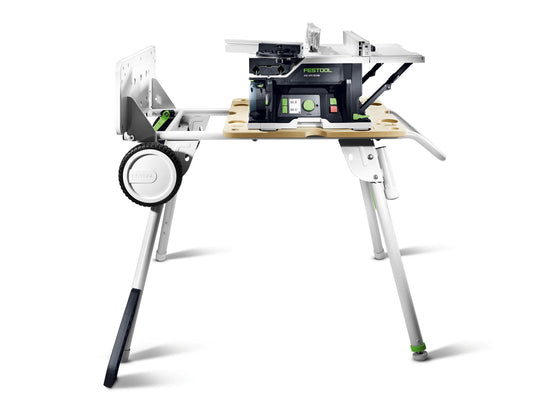 Festool Akku-Tischkreissäge CSC SYS 50 EB mit Sägeblatt, Arbeitstisch und Höhenverstellung auf Metallgestell.
