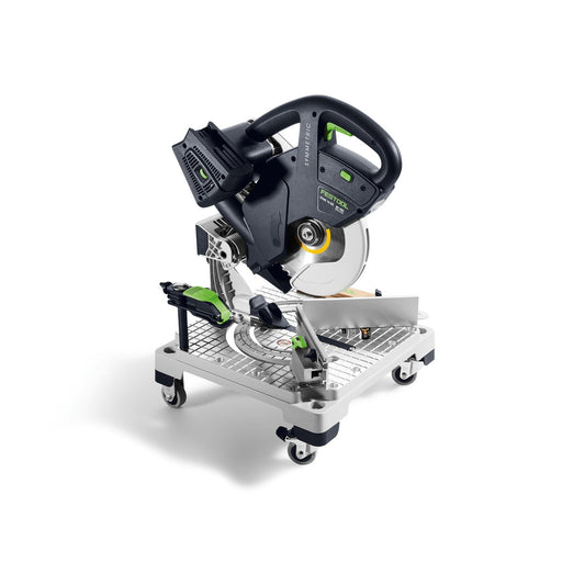 Festool Akku-Leistensäge SYMC 70 EB-Basic mit Doppelakku-System auf Mobilitätsplattform mit Rollen