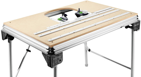 Festool Lochplatte LP-KA65 MFT/3 auf Multifunktionstisch mit Kantenanleimer-Adapter und Führungsschienen