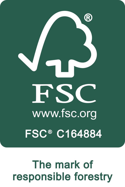 FSC-Zertifikat für verantwortungsvolle Forstwirtschaft mit Baum-Logo und Häkchen auf grünem Hintergrund