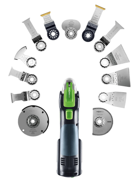 Festool Multimaster OSC mit grünem Griff und Starlock-Zubehör wie Silikon-Schneidmesser und Schleifblätter im Überblick.