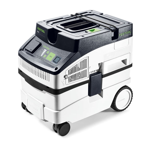Festool CLEANTEC CT 15 Absaugmobil mit 15 l Behälter, Touchbedienung und Fahrwerk in Ansicht von schräg vorne.
