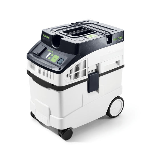 Festool CLEANTEC CT 25 Absaugmobil mit 25 Liter Behälter, Bedienfeld und Rollen in Frontansicht
