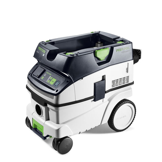Festool Absaugmobil CLEANTEC CTL 26 EI mit Bluetooth, offener Auffangbehälter und Bedienfeld, Seitenansicht.