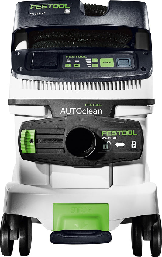 Festool Absaugmobil CTL 36 EI AC mit AUTOCLEAN Filterreinigung, Bedienfeld und Saugschlauch in Ansicht.