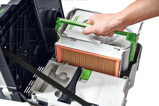 Festool Hauptfilter Filterwechsel - werkzeuglose Demontage des Flachfaltenfilters mit Rückhaltewert