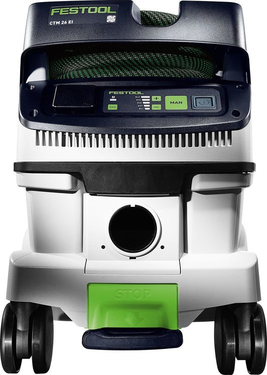 Festool CLEANTEC CTM 26 EI Absaugmobil Frontalansicht mit Bedienfeld, grünem STOP-Knopf und Rollen