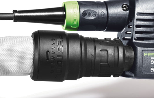 Festool Anschlussmuffe D 27/22 DM-AS/CT mit Bajonettverschluss und grüner Drehausgleich-Markierung am Saugschlauch