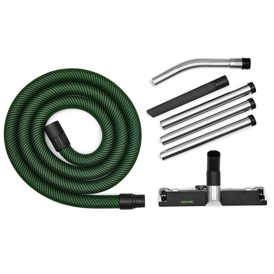 Festool Boden-Reinigungsset RS-BD D 36-Plus Lieferumfang mit Saugschlauch, Bodendüse, Fugendüse und Verlängerungsrohren.