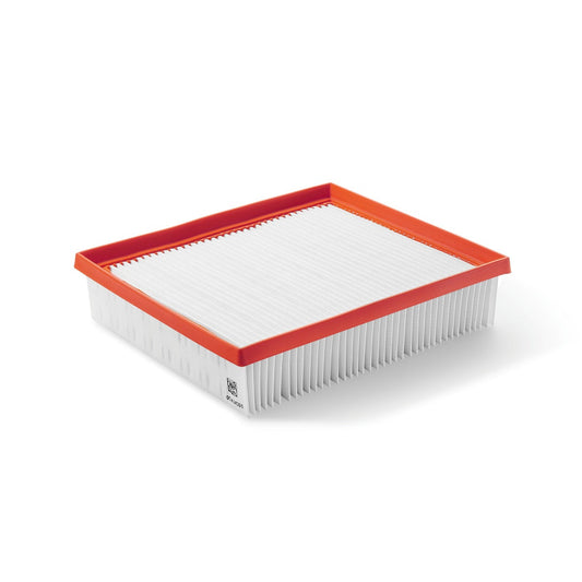 Festool Hauptfilter mit rotem Kunststoffrahmen und weißem Flachfaltenfilter, Rückhaltewert 99,9%