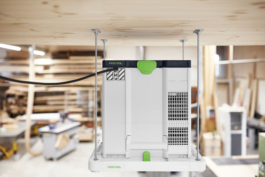 Festool SYS-AIR Luftreiniger in Deckenhalterung mit Gewindestangen, Werkstatt im Hintergrund
