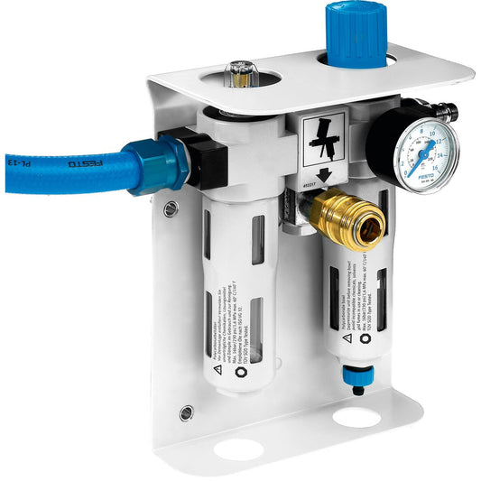 Festool VE-CT Versorgungseinheit mit Druckregler, Öler, Manometer und blauem Druckluftschlauch, Frontalansicht.