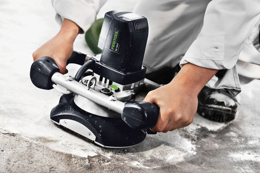 Festool Werkzeugkopf DIA HARD-RG 150 bei Anwendung auf Betonoberfläche, Diamantsegmente sichtbar