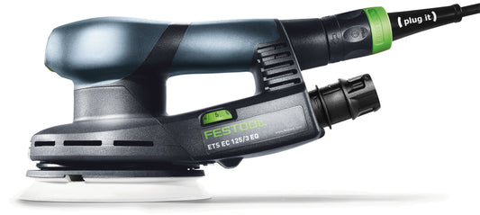 Festool Exzenterschleifer ETS EC 125/3 EQ-Plus mit grünem Plug-it-Netzkabel und Schleifteller, Seitenansicht.