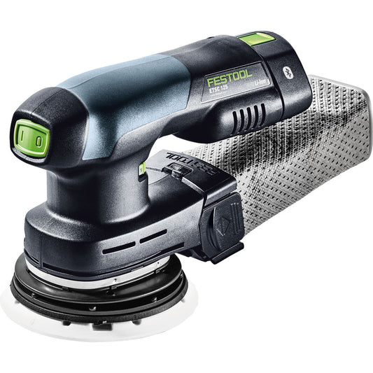 Festool ETSC 125 Akku-Exzenterschleifer mit 125mm Schleifteller, grüne Bedienenelemente und Schleifmittel