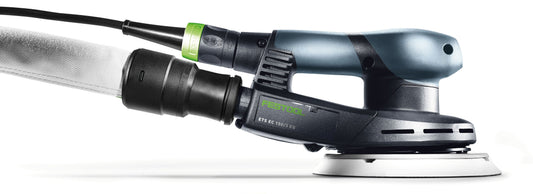 Festool ETS EC 150/3 EQ Exzenterschleifer mit 3mm Hub, Absaugschlauch und Schleifteller Seitenansicht.
