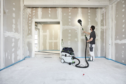 Festool CTM 36 EI CLEANTEC Absaugmobil mit PLANEX Langhalsschleiffer in Trockenbau-Anwendung