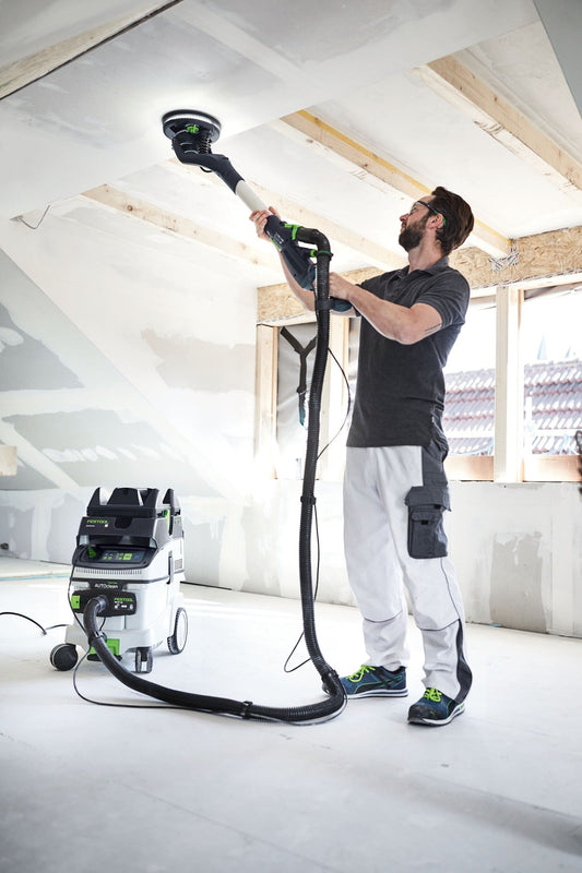 Festool CTL 36 EI AC-PLANEX Absaugmobil bei Deckenabsaugung mit PLANEX Langhalsschleifer im Trockenbau